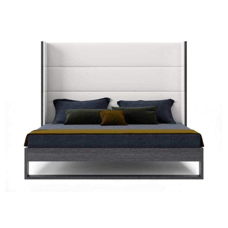 VIG Furniture Heloise Queen Bed In White Vegan Leather With Grey Elm Trim, Padded Headboard & Nailhead Detail VGBBMA1502-GRY-BED-Q