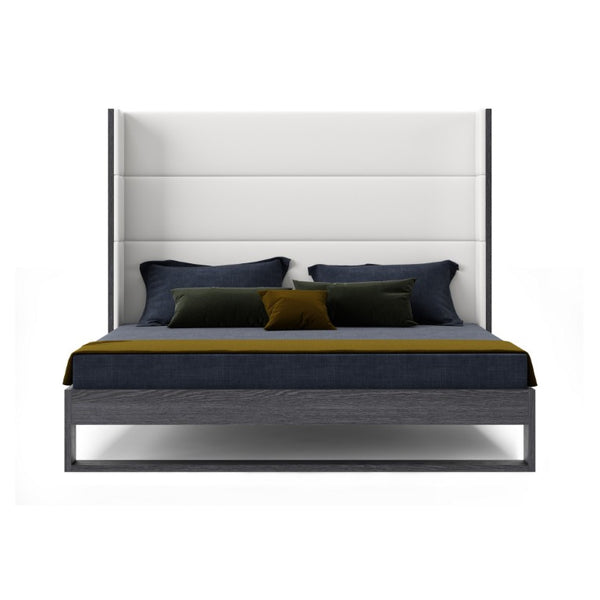 VIG Furniture Heloise Queen Bed In White Vegan Leather With Grey Elm Trim, Padded Headboard & Nailhead Detail VGBBMA1502-GRY-BED-Q