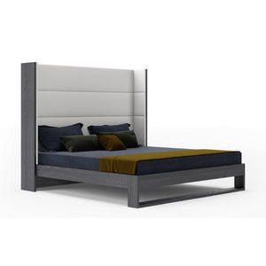 VIG Furniture Heloise Queen Bed In White Vegan Leather With Grey Elm Trim, Padded Headboard & Nailhead Detail VGBBMA1502-GRY-BED-Q