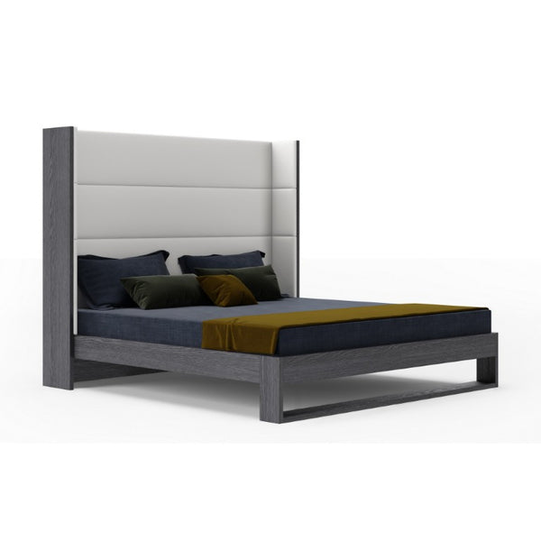 VIG Furniture Heloise Queen Bed In White Vegan Leather With Grey Elm Trim, Padded Headboard & Nailhead Detail VGBBMA1502-GRY-BED-Q