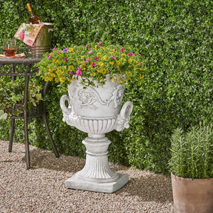English Elm Mgo Roman Urn Planter Faux Stone Botanical Relief Pedestal Base Outdoor Patio 63402.00WHI