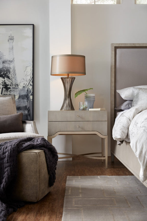 Hooker Furniture Elixir Textured Walnut Two-Drawer Nightstand With Champagne Silver Accents And Smooth-Glide Storage 5990-90016-LTWD