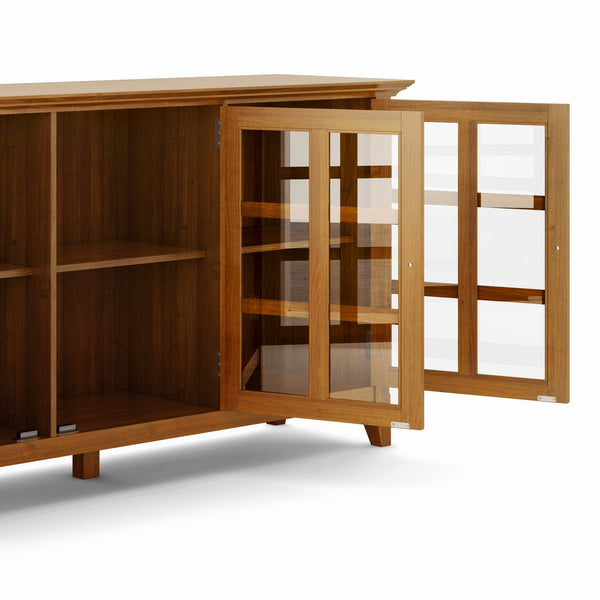 English Elm Acadian Wide Storage Cabinet - Handcrafted Solid Wood In Light Golden Brown With Glass Doors & Shelves B136P158288