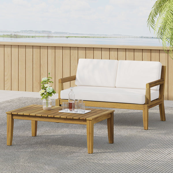 English Elm Christopher Knight Home® - Camak Acacia Wood Outdoor Loveseat & Coffee Table Set in Teak Beige — Weather-Resistant, 800lb Capacity 71702.00BGE