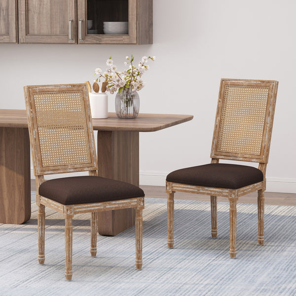 English Elm Dining Chair Set of Two with Cane Back Fluted Legs and Upholstered Seat French Style 71238.00BRNNTL