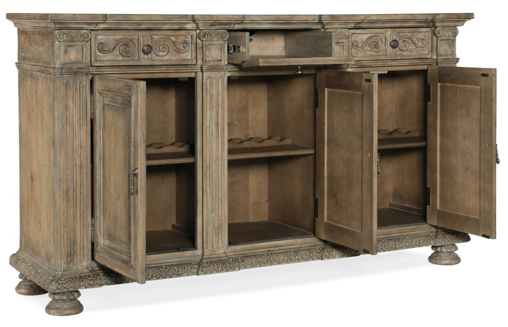 Hooker Furniture Castella Antique Slate 72" Credenza With Carved Acanthus, Scroll Motifs & Ample Adjustable Storage 5878-85001-80