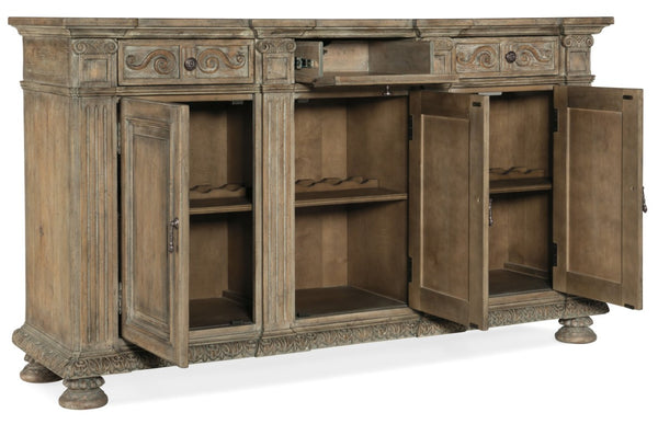 Hooker Furniture Castella Antique Slate 72" Credenza With Carved Acanthus, Scroll Motifs & Ample Adjustable Storage 5878-85001-80
