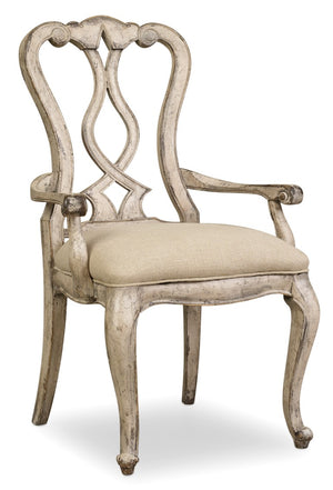 Hooker Furniture Chatelet Splatback Arm Chair With Caramel Froth Finish, Upholstered Linen Seat & Distressed Heirloom Charm Beige 5350-75400