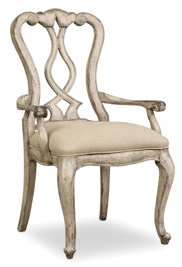 Hooker Furniture Chatelet Splatback Arm Chair With Caramel Froth Finish, Upholstered Linen Seat & Distressed Heirloom Charm Beige 5350-75400