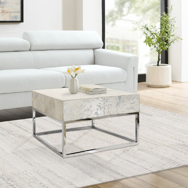 Pasargad Home Safari Collection Silver Foil Cowhide Coffee Table - Luxurious Modern Design For Any Space Silver Cowhide & Steel Pgn-1319