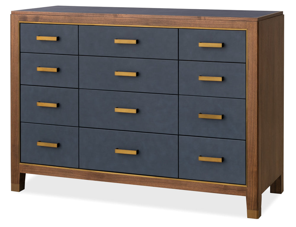 Hooker Furniture Melange Geneva 12 Drawer Walnut Chest with Navy Leather Fronts and Brass Pulls 628-90011-45