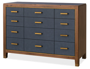 Hooker Furniture Melange Geneva 12 Drawer Walnut Chest with Navy Leather Fronts and Brass Pulls 628-90011-45