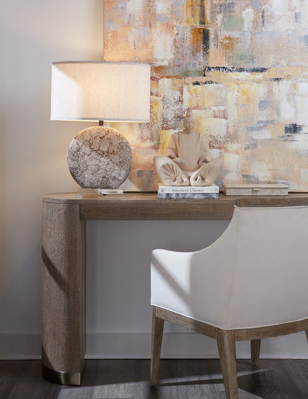 Hooker Furniture Modern Mood Console Table With Rounded Rectangle Silhouette, Oak Veneer, Pewter Accents, Streamlined Style Medium Brown 6850-80251-89