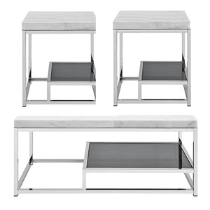 English Elm Steve Silver - Aston White Marble 3-Piece Occasional Table Set with Asymmetrical Glass & Metal Design, Storage B081S00409