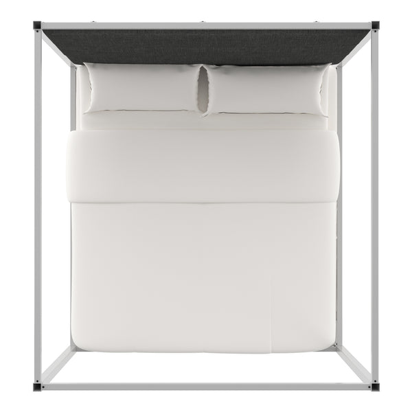 Homelegance By Top-Line Marcel Chrome Finish Metal Canopy Bed with Linen Panel Headboard Chrome Metal