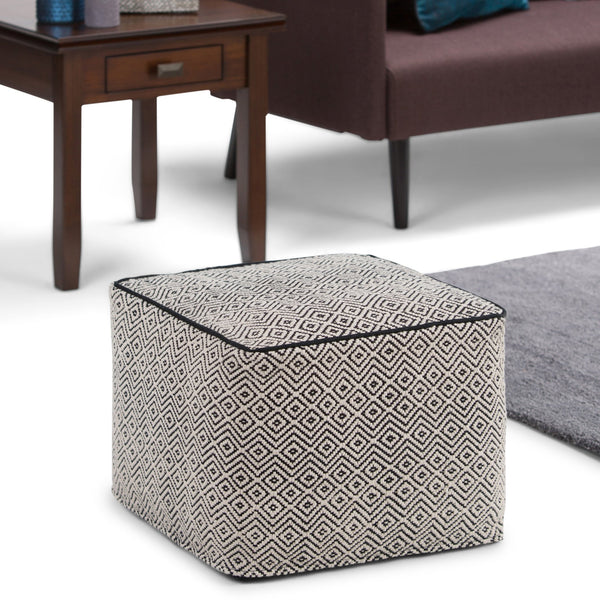 English Elm Brynn Square Pouf Upholstered Black & Natural Handwoven Cotton, Supportive Polystyrene Fill (18") B136P159273