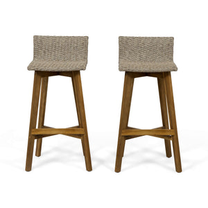 English Elm Christopher Knight Home® - LA La Brea Acacia Wood & Wicker Barstool Set of 2 — Outdoor Faux Rattan Seats with Iron X-Stretcher Frame Brown 65431.00LBRN