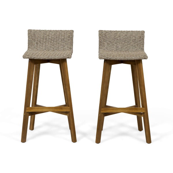 English Elm Christopher Knight Home® - LA La Brea Acacia Wood & Wicker Barstool Set of 2 — Outdoor Faux Rattan Seats with Iron X-Stretcher Frame Brown 65431.00LBRN