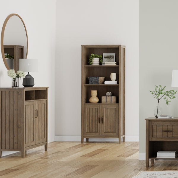 English Elm Lev Smoky Brown Bookcase - Handcrafted Solid Wood, Adjustable Shelves, Two Doors, Anti-Tip Safety, Transitional Design B136P158816