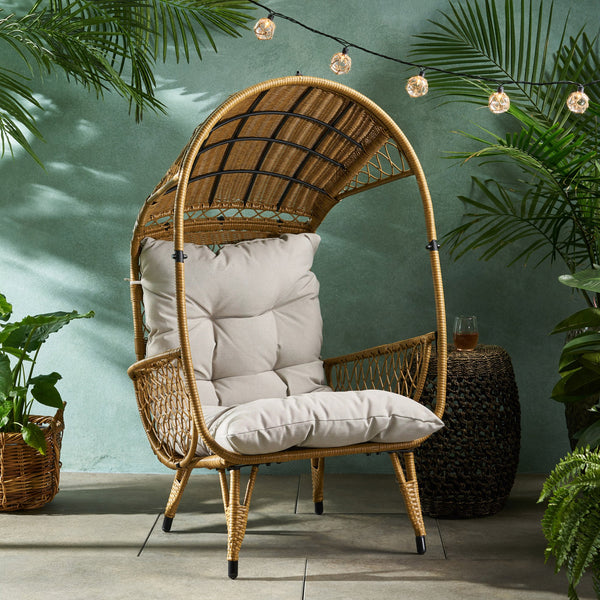 English Elm Christopher Knight Home® - MALIA Wicker Standing Basket Chair with Water-Resistant Cushion, Iron Frame, Handcrafted Outdoor Cozy Retreat Brown+Beige 68018.00LBGE