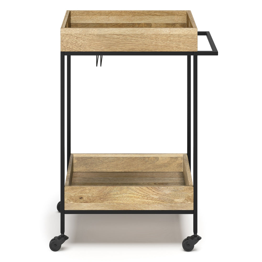 English Elm Simons Handcrafted 24" Bar Cart in Natural Mango Wood with Metal Frame, Glass Rack & Locking Casters B136P159612