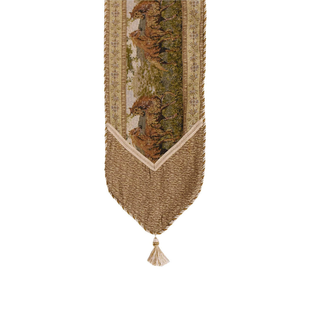 Hiend Accents Running Horse Table Runner - Exquisite Equestrian Decor With Twisted Rope Trim & Elegant Tassels Tan  Ws0500r