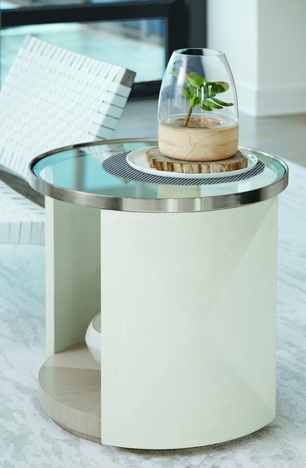 Bernhardt Bernhardt Axiom Sculptural Round Glass Top Chairside Table With Tempered Glass, Stainless Accents And Shelf 381125
