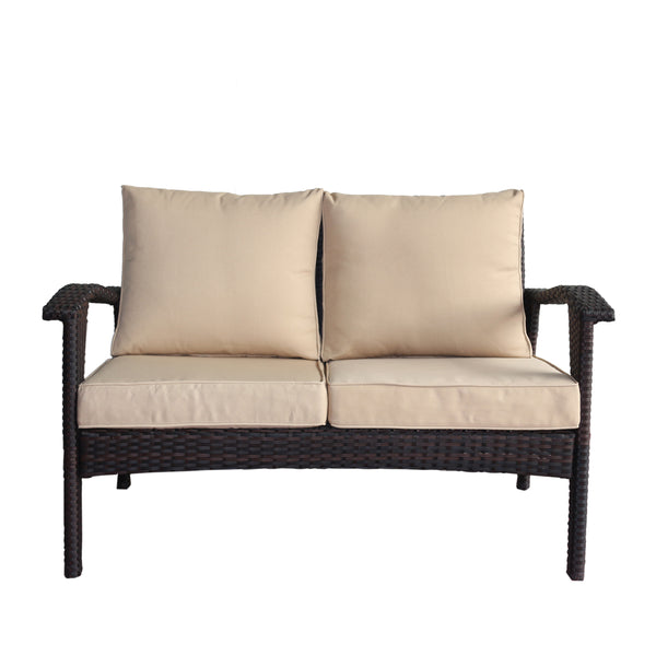 English Elm Christopher Knight Home® - HONOLULU Loveseat Brown-Tan PE Rattan Outdoor Sofa with Water-Repellent Cushions, Sturdy Iron Frame 52919.00IRNBRN