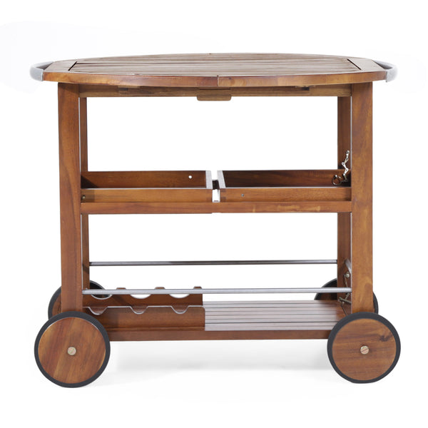 English Elm Christopher Knight Home® - BAR Tillary Outdoor Acacia Wood Drop-Leaf Bar Cart with Wine Rack, Drawers & Aluminum Wheels, Oak 60987.00