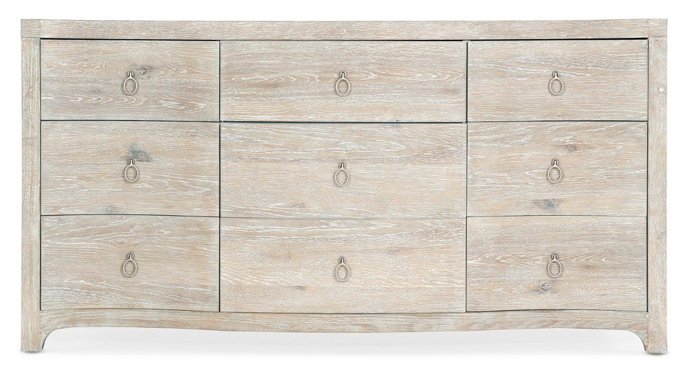 Hooker Furniture Serenity Coastal Nine-Drawer Oak Dresser With Surf Whitewash, Soft-Close Drawers & Cedar-Lined Storage 6350-90202-80