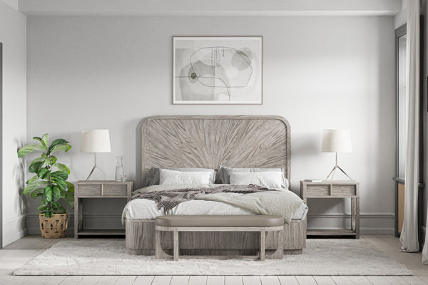A.R.T. Furniture Vault Elegant Bed With Fancy Face Veneer Headboard And Plinth Base In Stylish Mink Finish Gray Parawood Solids,White Oak Veneers 285136-2354