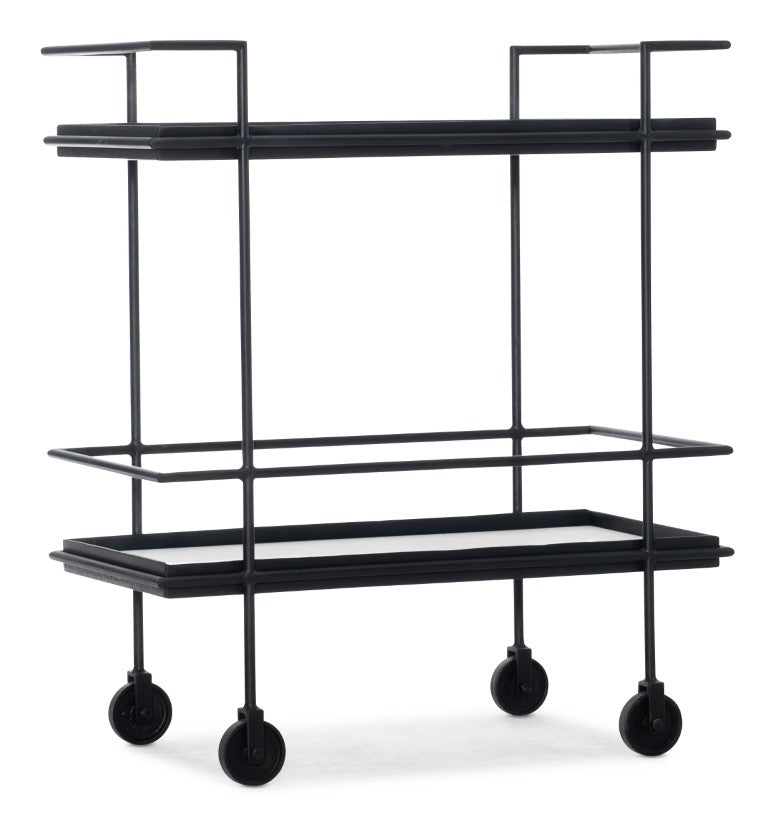 Hooker Furniture Commerce Bar Cart With Stone Inlay & Matte Black Frame, Mobile Serving Trolley With Casters, Rails - Compact Industrial Accent 7228-50645-99