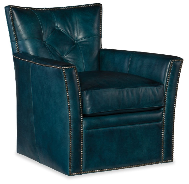 Hooker Furniture Conner Hand-Wiped Aniline Teal Leather Swivel Club Chair With Tufted Back, Nailhead Trim, 360° Movement Brown CC503-SW-087