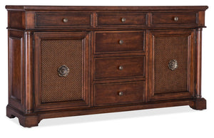 Hooker Furniture Charleston Maraschino Cherry Two-Door Six-Drawer Buffet With Cane Doors, Floral Bronze Hardware, 66" 6750-75902-85