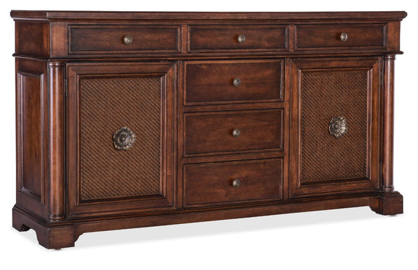 Hooker Furniture Charleston Maraschino Cherry Two-Door Six-Drawer Buffet With Cane Doors, Floral Bronze Hardware, 66" 6750-75902-85