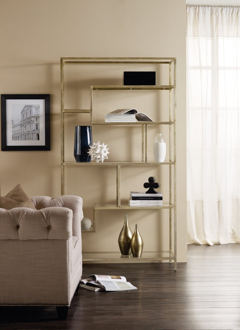 Hooker Furniture Etagere — Champagne Iron Frame With Seven Clear Glass Shelves, Silver-Leaf Accents, Modern Display 500-50-934