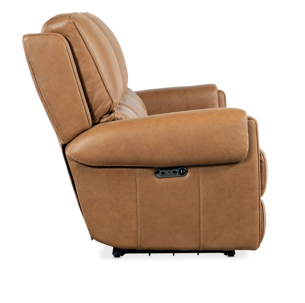 Hooker Furniture Somers Power Reclining Sofa With Zero-Gravity Seats, Nubuck Top-Grain Leather, Usb Charging, Bustle-Back Comfort Light Brown SS718-PHZ3-080