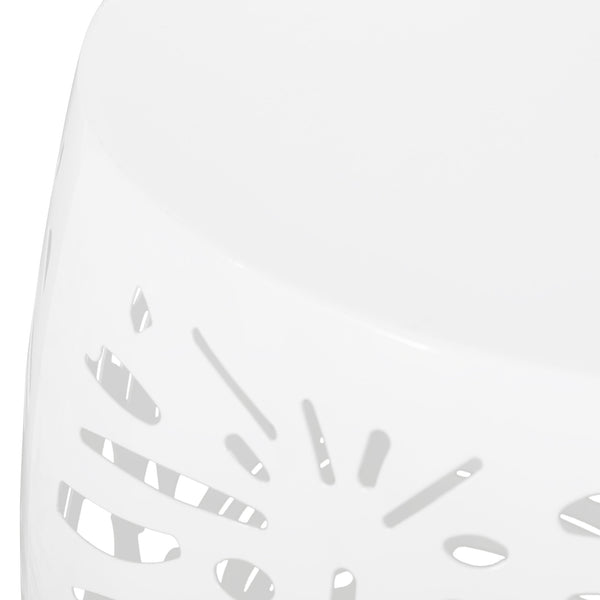 English Elm Metal Cylindrical Accent Table Powder Coated Iron with Tropical Palm Leaf Lattice Design White 73613.00WHI