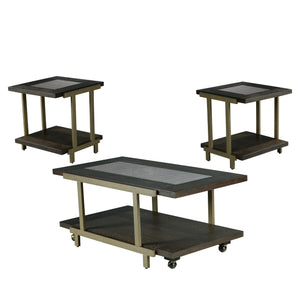 English Elm Steve Silver - Terrell Contemporary 3-Piece Brown Wood & Glass Table Set with Iron Accents, Casters & Storage B081S00444