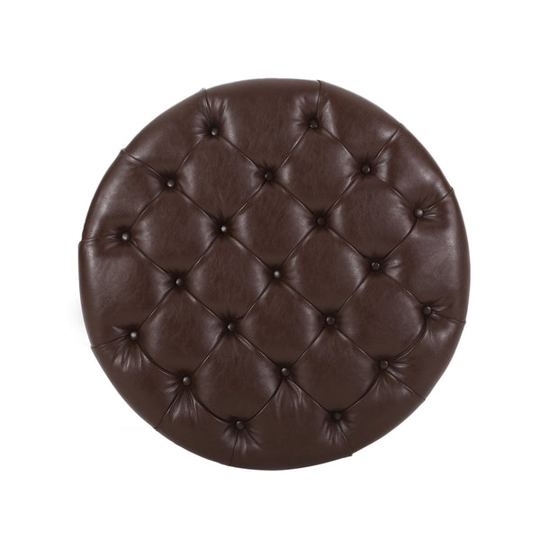 English Elm Round Tufted Pu Leather Ottoman with Open Shelf Storage for Living Room Dark Brown 71589.00DBRN
