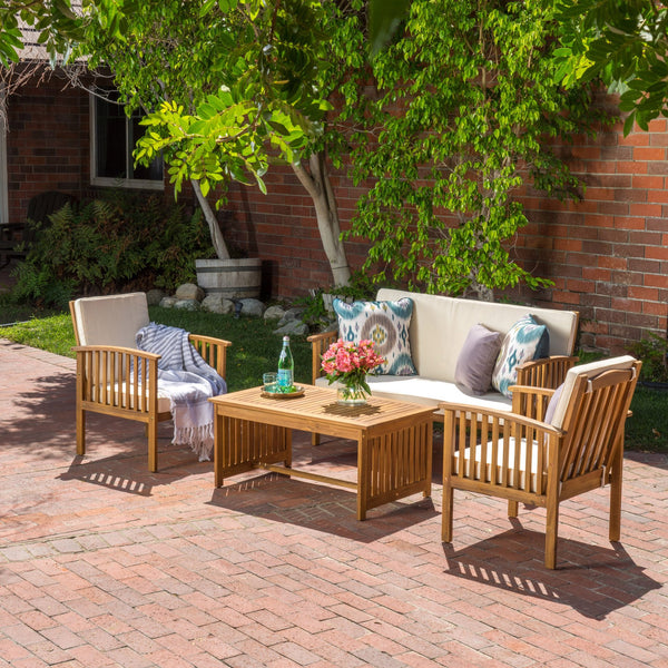 English Elm 4pc Outdoor Chat Set Solid Acacia Wood Loveseat Club Chairs and Coffee Table Patio Brown 59116.00