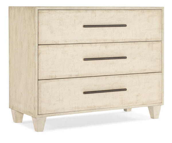 Hooker Furniture Melange Textured Cream Three-Drawer Chest With Antique Pewter Pulls, Distressed Maple Veneer Storage 628-85652-05