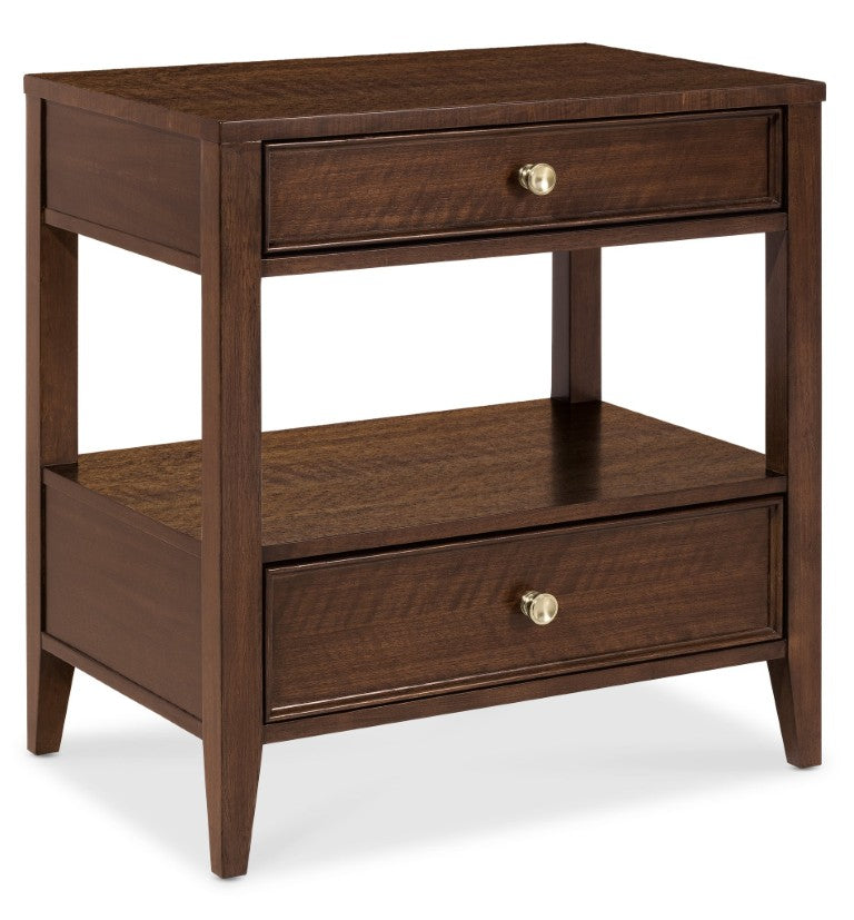 Hooker Furniture Archives Two-Drawer Nightstand In Figured Quartered Walnut With Satin Brass Knobs, Open Shelf Elegance 6123-90115-89