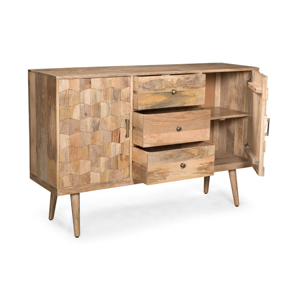 English Elm Christopher Knight Home® - 3 DRAWER SIDEBOARD WITH 2 DOOR Mango Wood Sideboard with 3 Drawers, 3D Tile Weave Doors, Shelves, Natural Finish 66413.00