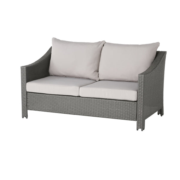 English Elm Christopher Knight Home® - ANTIBES RATTAN LOVESEAT SET WITH SIDE TABLE – Weatherproof PE Wicker, Iron Frame, Compact Patio Seating Grey 57088.00SETGRY