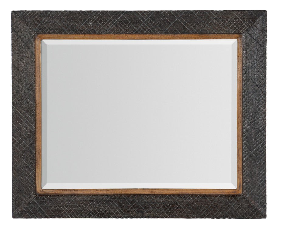 Hooker Furniture Big Sky Portrait Mirror Charcoal Furrowed Bark Frame With Vintage Natural Trim, Beveled Glass, Rustic Charm 6700-90004-99