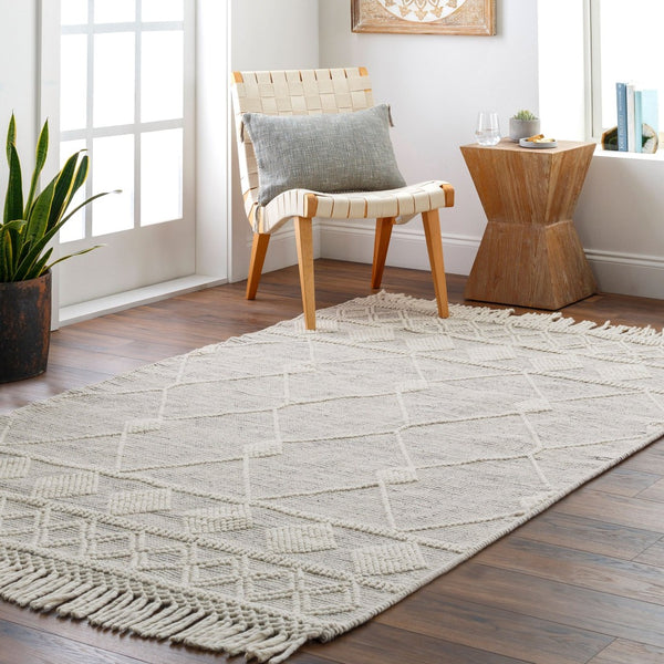 Livabliss Hemingway Flatweave Wool Blend Rug Handwoven Fringed Global Artisan Floor Accent Ivory, Black 5' x 8' HMG2301-58