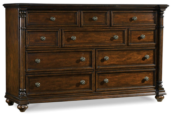Hooker Furniture Leesburg Mahogany Dresser With 10 Drawers, Cedar-Lined Bottoms, Felt & Jewelry Trays, Antique Brass Finish 5381-90002
