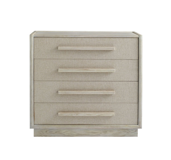 A.R.T. Furniture Cotiere Contemporary Drawer Chest With Linen Fabric, Cedar Lining, And Soft-close Glides For Storage Beige Material, Parawood Solids,Mixed Split Cathedral Quarter,White Oak Veneer,Fabric 299150-2349