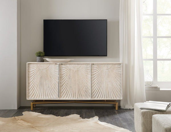 Hooker Furniture Entertainment Console Rustic Mango Wood Media Credenza With Antique Bronze Base, Fits Up To 70" Tv, Ventilated Storage 5907-55469-80